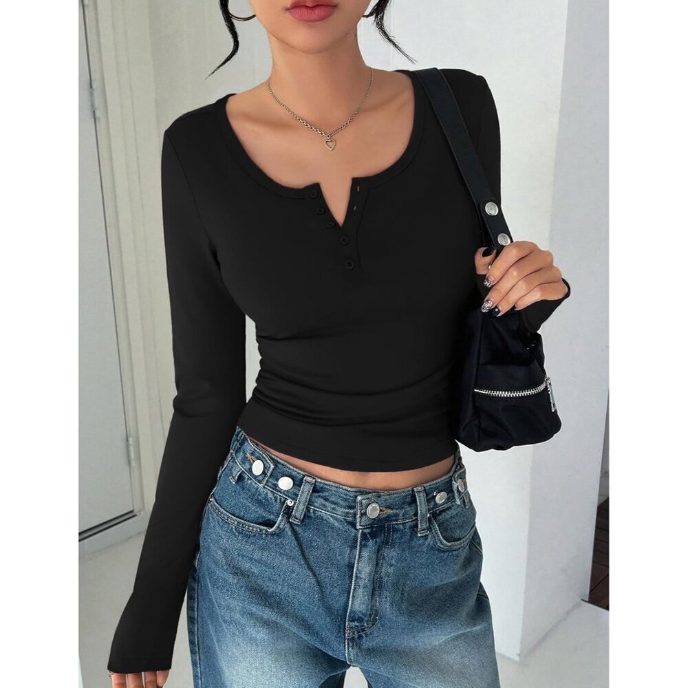 Women's Long Sleeve Thermal Henley Shirt Cozy Casual Tops Slim Fit - Picture 2 of 6